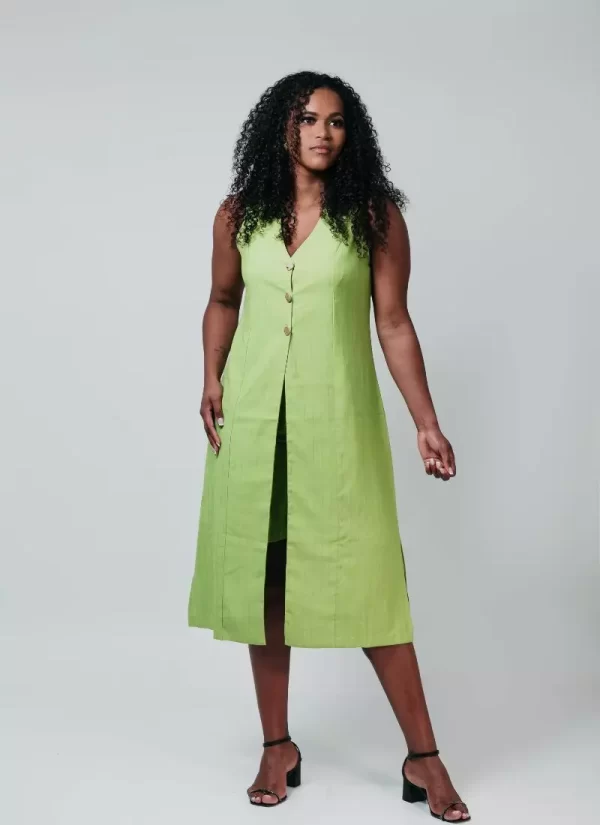 Vestido Midi Verde Jardim – Detalhe em Botões